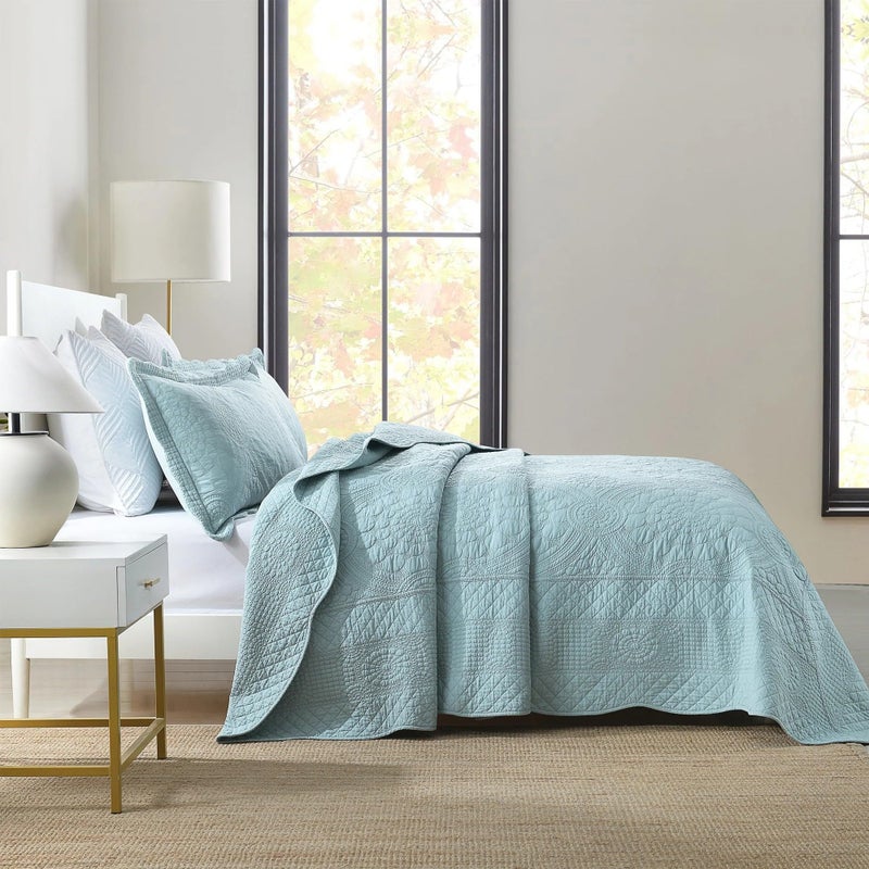MarCielo 100% Cotton Quilt Set - 3-Piece Embroidered Farmhouse Bedspread & Shams, All-Season Breathable Bedding (Tf Aruba Blue, Queen) - Image 4