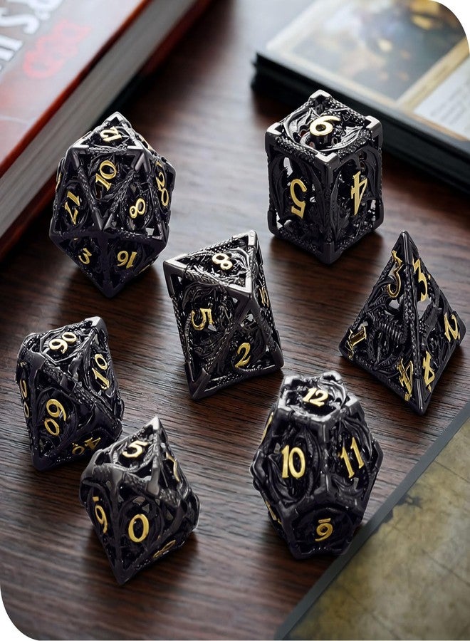 MoKo Dragon Hollow Metal DND Dice Set, 7 Pcs Polyhedral D&D Dragon Hollow Dice for Dungeons and Dragons RPG Games, D20 D12 D10 D8 D6 D4 with Gift Box, Black+Gold - Image 1