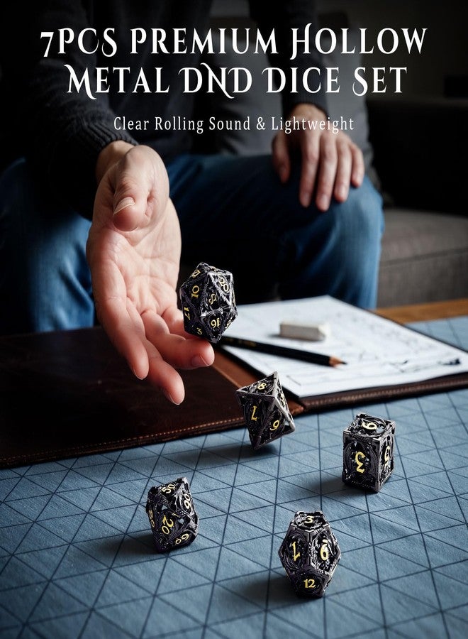 MoKo Dragon Hollow Metal DND Dice Set, 7 Pcs Polyhedral D&D Dragon Hollow Dice for Dungeons and Dragons RPG Games, D20 D12 D10 D8 D6 D4 with Gift Box, Black+Gold - Image 2
