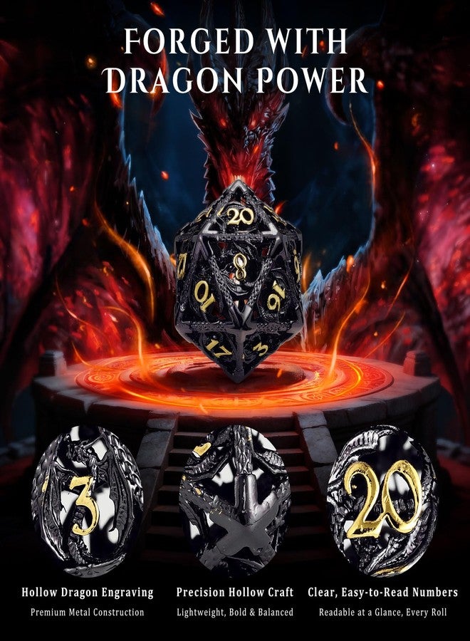 MoKo Dragon Hollow Metal DND Dice Set, 7 Pcs Polyhedral D&D Dragon Hollow Dice for Dungeons and Dragons RPG Games, D20 D12 D10 D8 D6 D4 with Gift Box, Black+Gold - Image 3