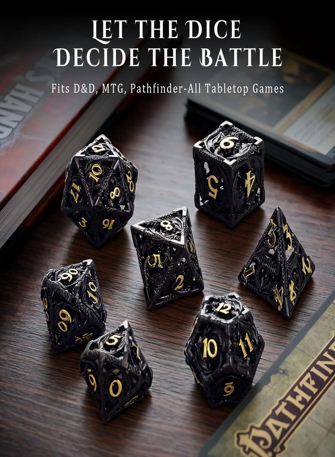MoKo Dragon Hollow Metal DND Dice Set, 7 Pcs Polyhedral D&D Dragon Hollow Dice for Dungeons and Dragons RPG Games, D20 D12 D10 D8 D6 D4 with Gift Box, Black+Gold - Image 4