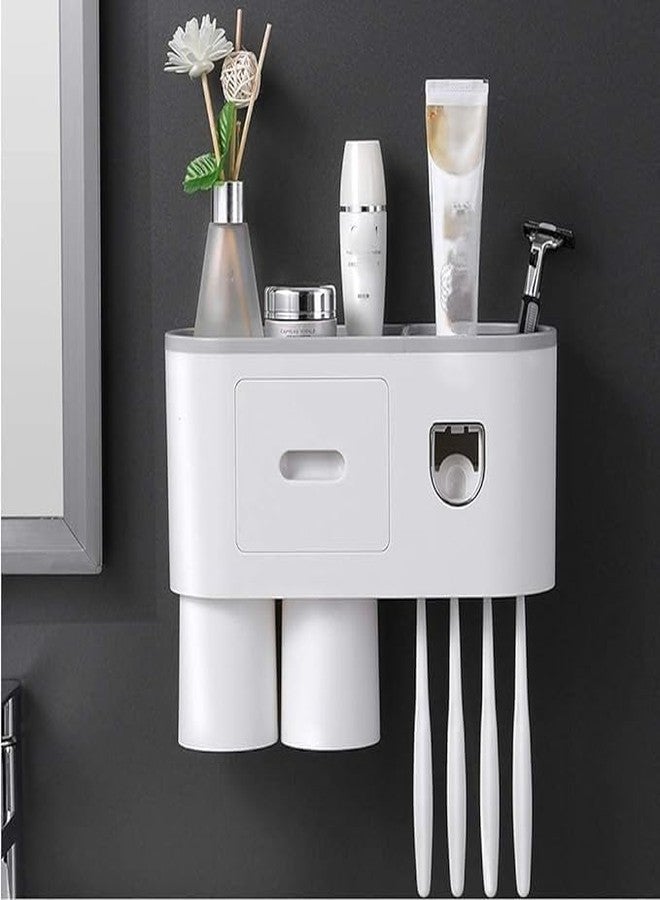 CLOUDTAB Wall Mounted Toothbrush Holder with Automatic Toothpaste Dispenser | Magnetic Cups, Drawer Organizer & Space-Saving Bathroom Shelf Clean [2 Cup, ABS Plastic, White] - Image 1