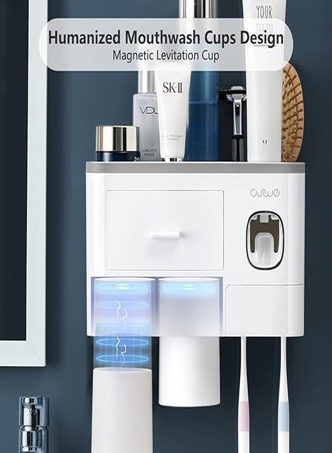 CLOUDTAB Wall Mounted Toothbrush Holder with Automatic Toothpaste Dispenser | Magnetic Cups, Drawer Organizer & Space-Saving Bathroom Shelf Clean [2 Cup, ABS Plastic, White] - Image 3