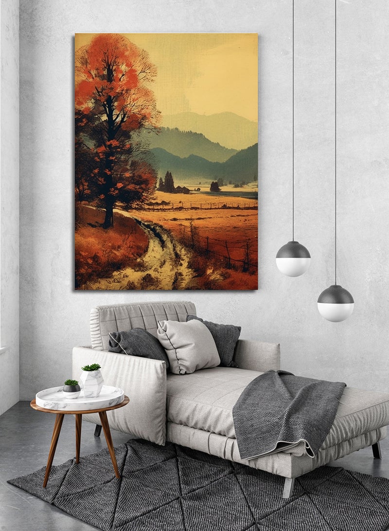 LOWHA Canvas Wall Art Stretched Over Wooden Frame with Mountains Road Painting  - Image 1