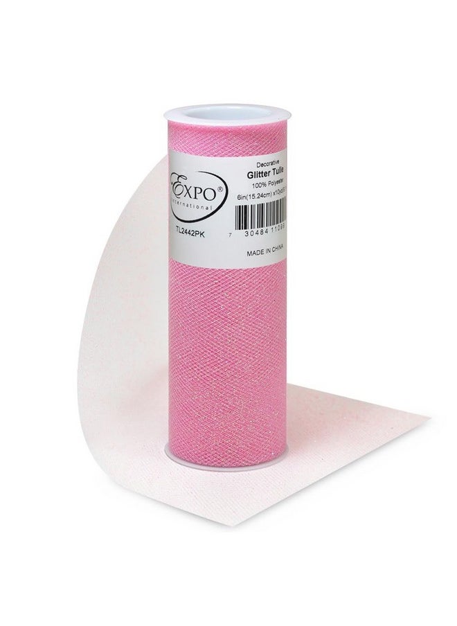 Expo International - Decorative Glitter Tulle Roll/Spool Of 6” X 10 Yards Lightweight Polyester Tulle Fabric For Costumes Wedding And Party Decorations Washable Easy To Use Pink - Image 1