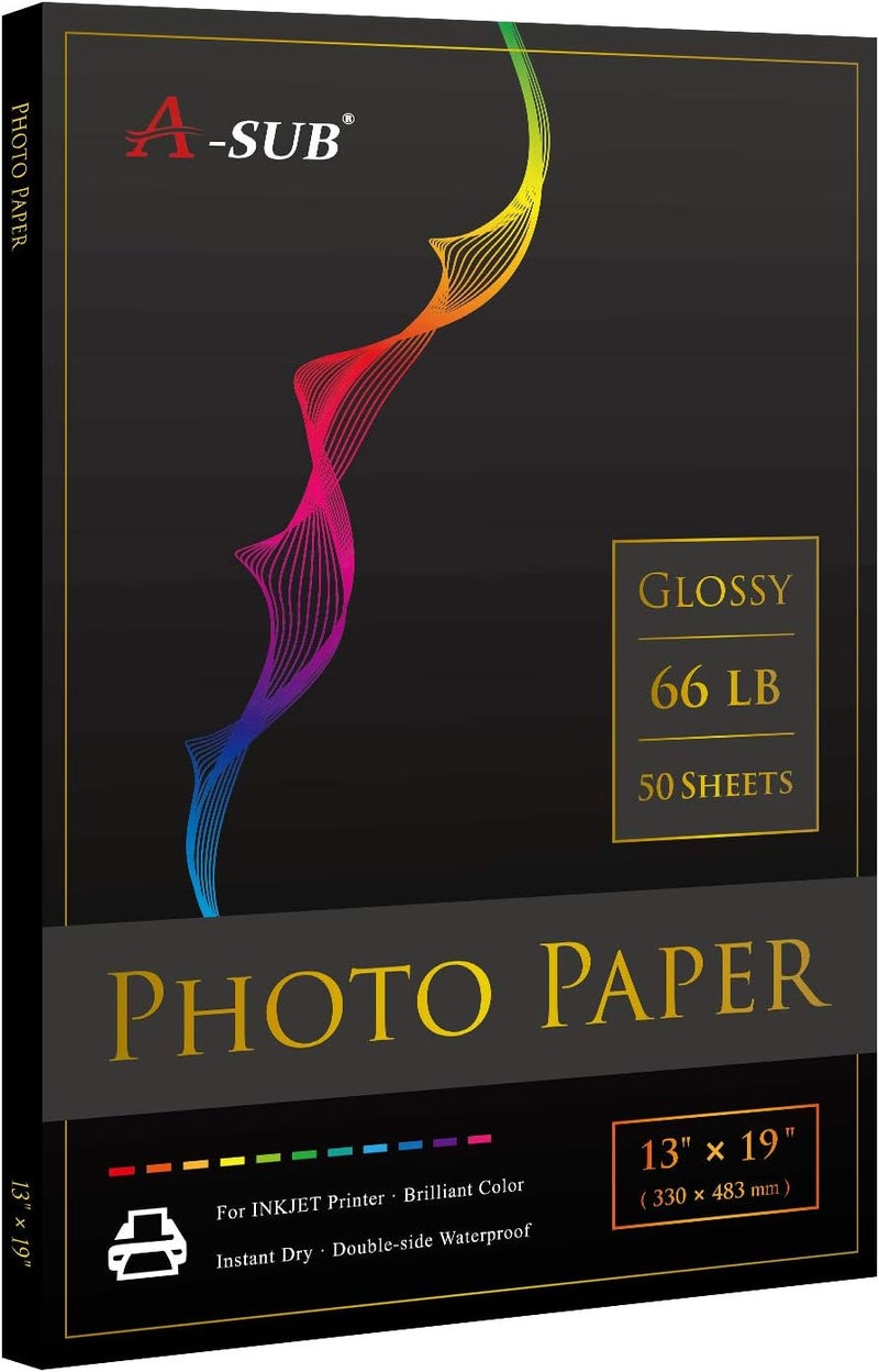 A-SUB Premium Photo Paper High Glossy 13x19 Inch 66lb for Inkjet Printers 50 Sheets, Single Sided - Image 1
