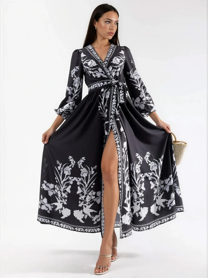 جينيفر Floral Maxi Dress with V-Neck and Tie Detail