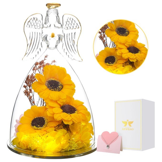 ANGEL SUNFLOWER MOTHERS DAY BLESSING GIFTS ANGEL FIGURINES WITH LED LIGHT REAL SUNFLOWER GIFTS FOR HER MOM GRANDMA WIFEGLASS ANGEL FIGURINES FOR VALENTINE ANNIVERSARY BIRTHDAY GIFT