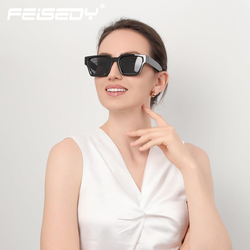FEISEDY نظارات شمسية مربعة عصرية من فيسيدي بتصميم ريترو من التسعينات للنساء والرجال، نظارات مستطيلة سميكة مع حماية UV400 B2385 - Image 2