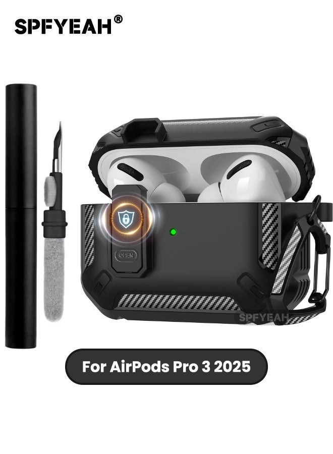 SPFYEAH AirPods Pro 3 Case Cover, with Secure Lock Clip & Keychain & Cleaner kit, Hard Shell Rugged Shockproof Carbon Fiber Protection Cover for AirPods Pro 3rd Gen (2025), Black - Image 1