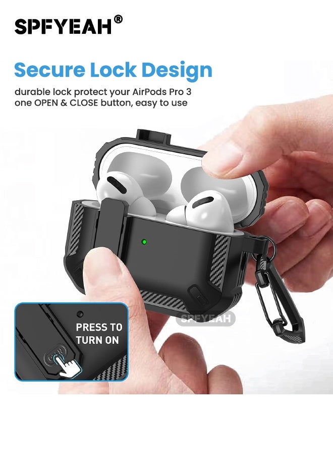 SPFYEAH AirPods Pro 3 Case Cover, with Secure Lock Clip & Keychain & Cleaner kit, Hard Shell Rugged Shockproof Carbon Fiber Protection Cover for AirPods Pro 3rd Gen (2025), Black - Image 2