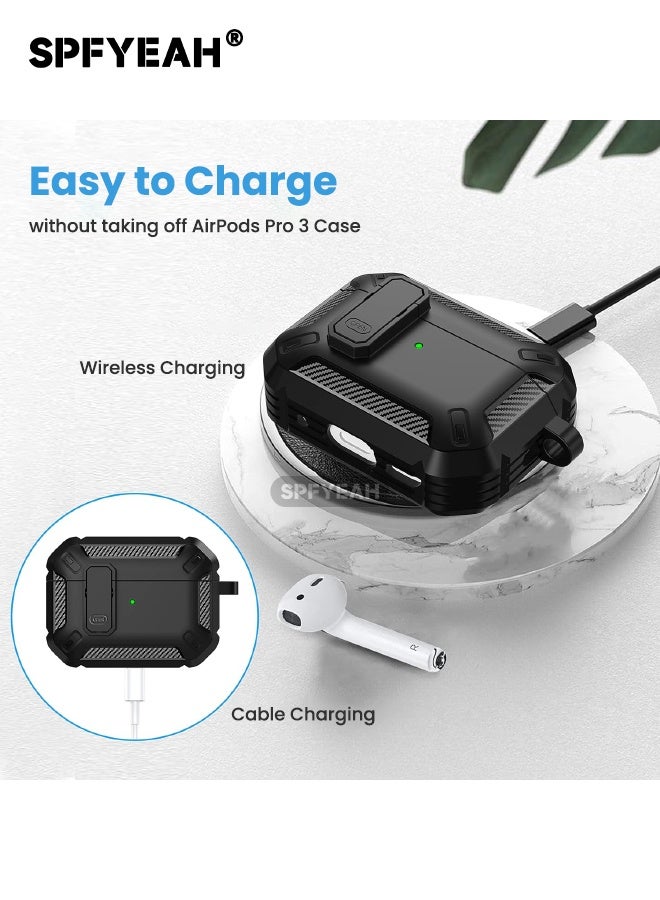 SPFYEAH AirPods Pro 3 Case Cover, with Secure Lock Clip & Keychain & Cleaner kit, Hard Shell Rugged Shockproof Carbon Fiber Protection Cover for AirPods Pro 3rd Gen (2025), Black - Image 4