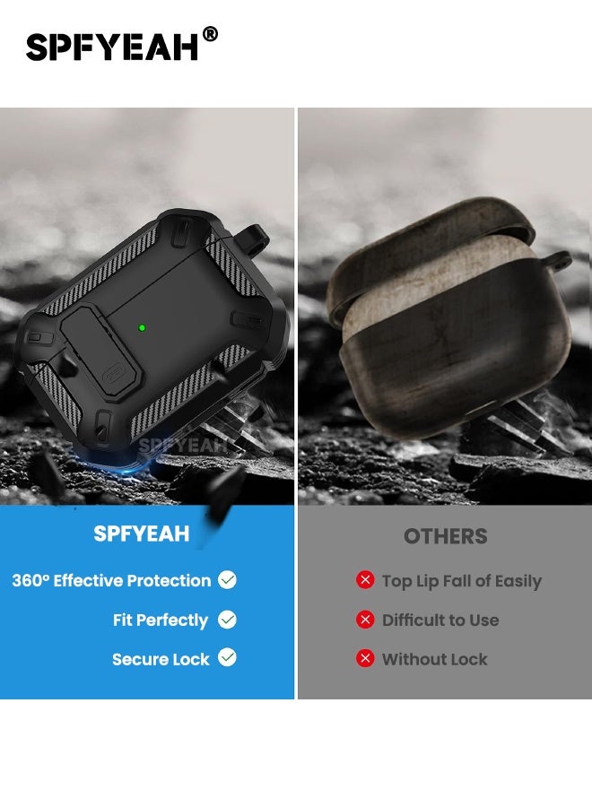 SPFYEAH AirPods Pro 3 Case Cover, with Secure Lock Clip & Keychain & Cleaner kit, Hard Shell Rugged Shockproof Carbon Fiber Protection Cover for AirPods Pro 3rd Gen (2025), Black - Image 3