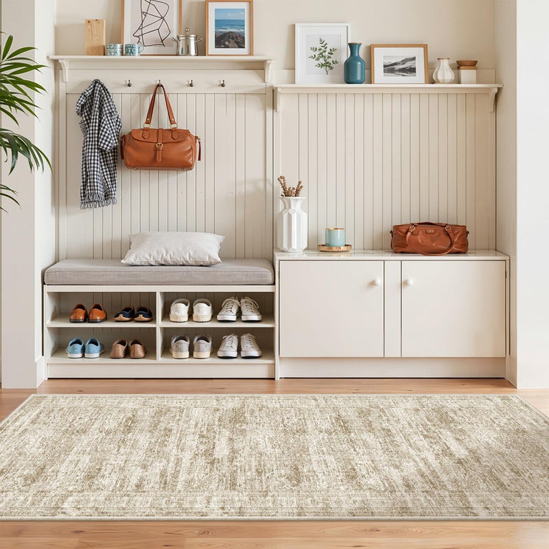 Restydon Washable Runner Rugs for Bedroom - 2x6 Runner Rug Non Slip, Ultra-Thin Entryway Runner, Soft Abstract Kitchen Runner for Hallway, Laundry, Bathroom, Indoor Door Mat(2'x6', Brown/Ivory) - Image 3