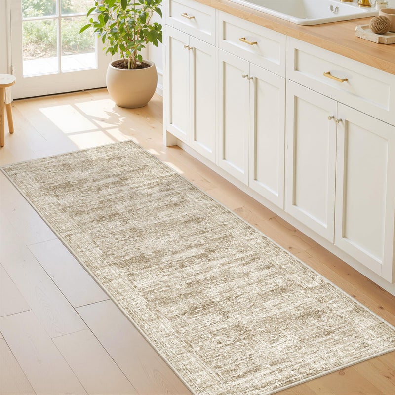 Restydon Washable Runner Rugs for Bedroom - 2x6 Runner Rug Non Slip, Ultra-Thin Entryway Runner, Soft Abstract Kitchen Runner for Hallway, Laundry, Bathroom, Indoor Door Mat(2'x6', Brown/Ivory) - Image 2