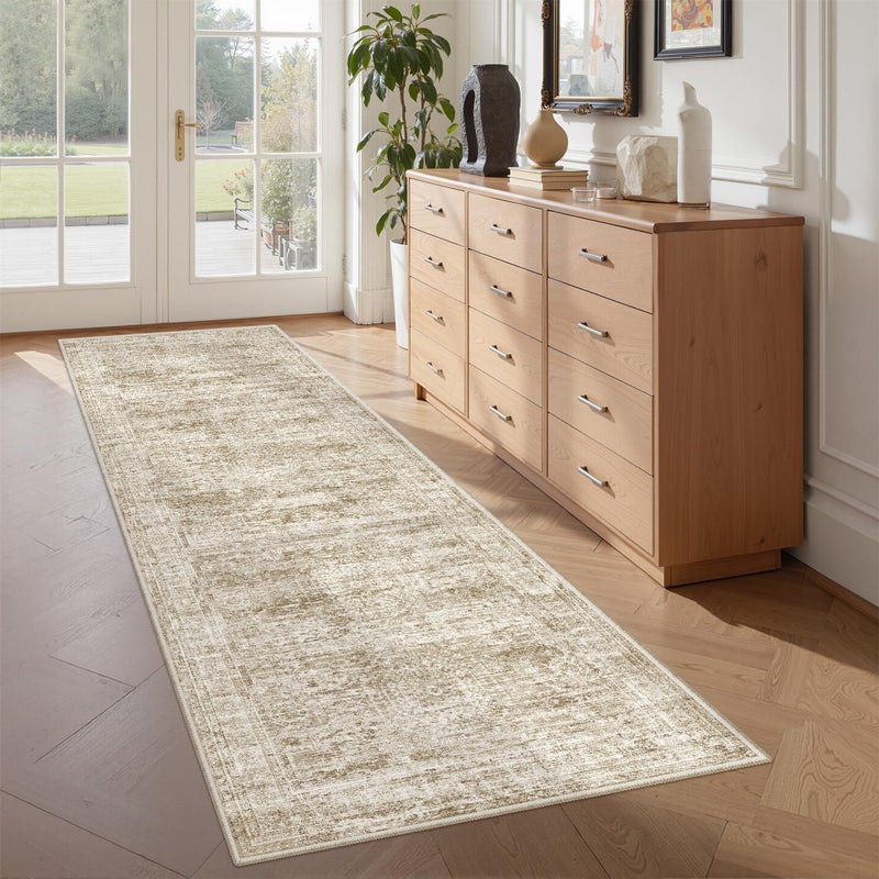 Restydon Washable Runner Rugs for Bedroom - 2x6 Runner Rug Non Slip, Ultra-Thin Entryway Runner, Soft Abstract Kitchen Runner for Hallway, Laundry, Bathroom, Indoor Door Mat(2'x6', Brown/Ivory) - Image 1