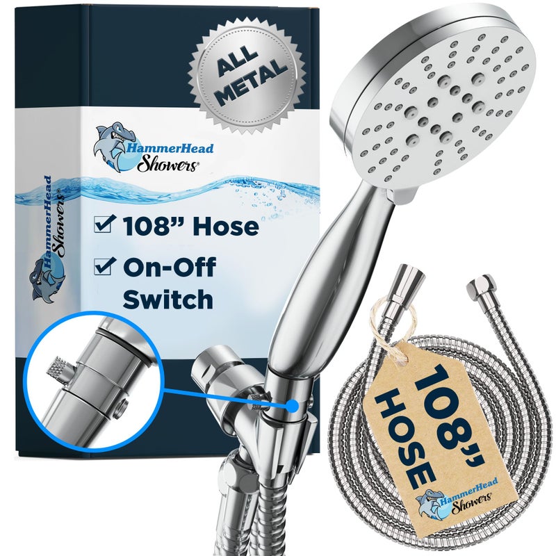 HammerHead Showers Solid Metal 3Spray Handheld Shower Head with Extra Long Hose and Shutoff Valve Chrome Perfect Dog Shower Head Attachment with 3 High Pressure Sprays 25 GPM