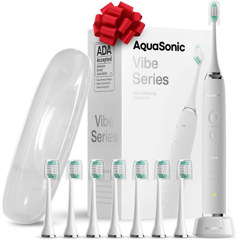 Aquasonic Vibe Series Ultra-Whitening Toothbrush â€“ ADA Accepted Electric Toothbrush - 8 Brush Heads & Travel Case â€“ 40,000 VPM Motor & Wireless Charging - 4 Modes w Smart Timer â€“ Optic White - Image 1