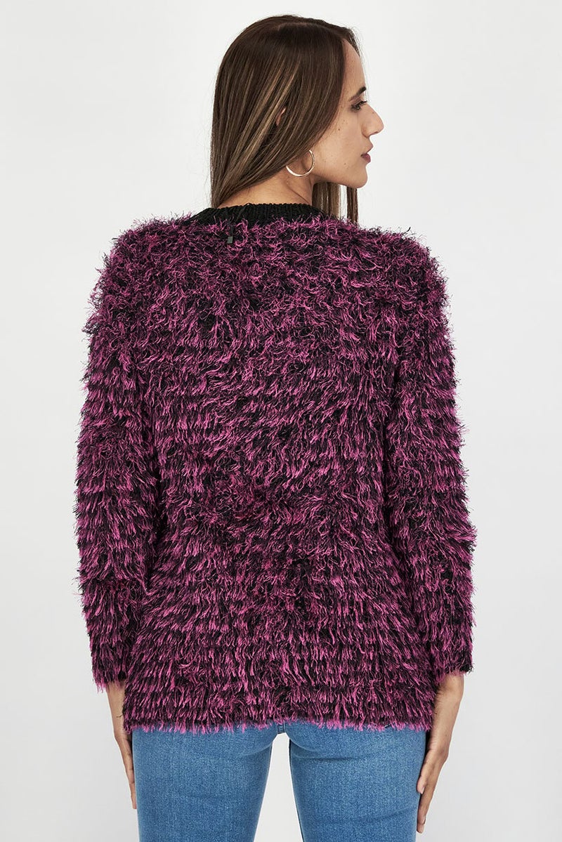 Uterque Women Textured Long Sleeve Knit Sweater, Purple and Black - Image 3