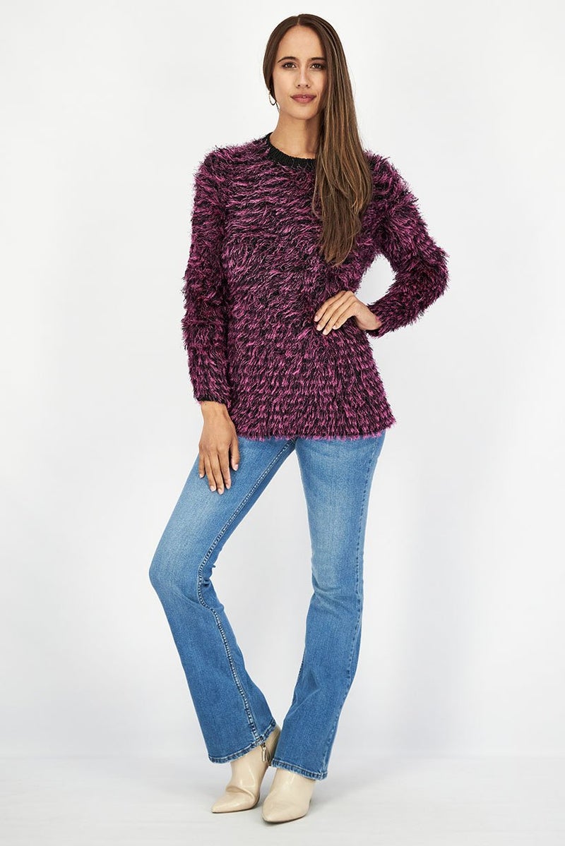 Uterque Women Textured Long Sleeve Knit Sweater, Purple and Black - Image 2