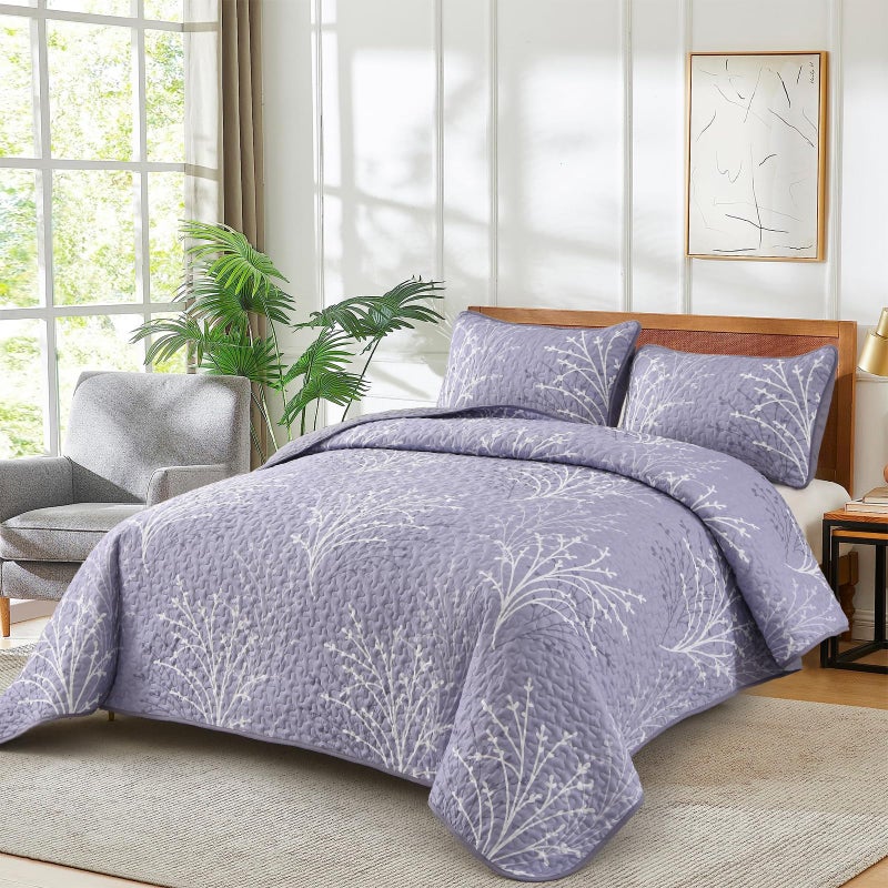 Djy Purple Quilt Set King Size - Branch Botanical Pattern Bedspread Coverlet Set  3 Pieces Lavender Purple Floral Quilt Bedding Set  Soft Microfiber Summer Quilt For All Season  110''X90'' - Image 2