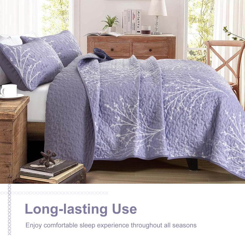 Djy Purple Quilt Set King Size - Branch Botanical Pattern Bedspread Coverlet Set  3 Pieces Lavender Purple Floral Quilt Bedding Set  Soft Microfiber Summer Quilt For All Season  110''X90'' - Image 4