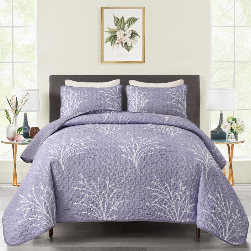 Djy Purple Quilt Set King Size - Branch Botanical Pattern Bedspread Coverlet Set  3 Pieces Lavender Purple Floral Quilt Bedding Set  Soft Microfiber Summer Quilt For All Season  110''X90'' - Image 1