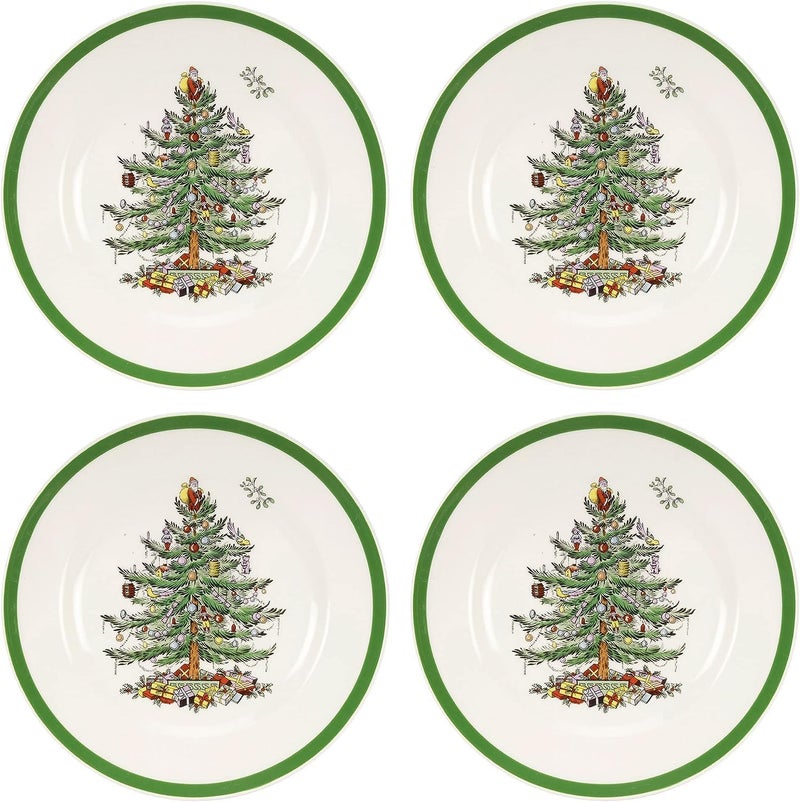 Spode Christmas Tree 8 Salad Plate  Festive Holiday Stoneware Plate with Christmas Tree Design Green Bordered Edges Microwave Dishwasher Freezer Oven Safe  Collectible Holiday Tableware - Image 1