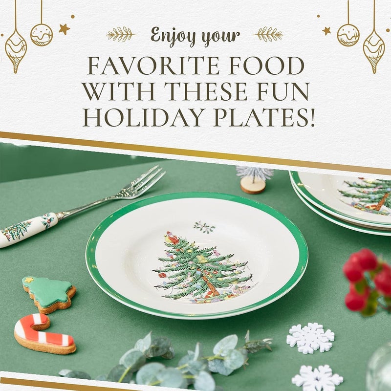 Spode Christmas Tree 8 Salad Plate  Festive Holiday Stoneware Plate with Christmas Tree Design Green Bordered Edges Microwave Dishwasher Freezer Oven Safe  Collectible Holiday Tableware - Image 5