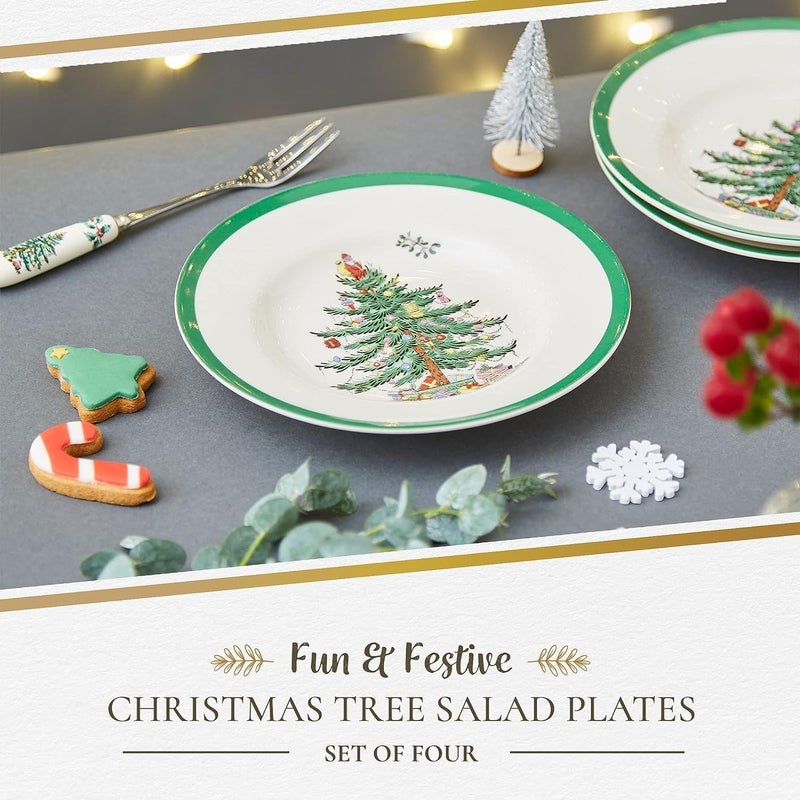 Spode Christmas Tree 8 Salad Plate  Festive Holiday Stoneware Plate with Christmas Tree Design Green Bordered Edges Microwave Dishwasher Freezer Oven Safe  Collectible Holiday Tableware - Image 2