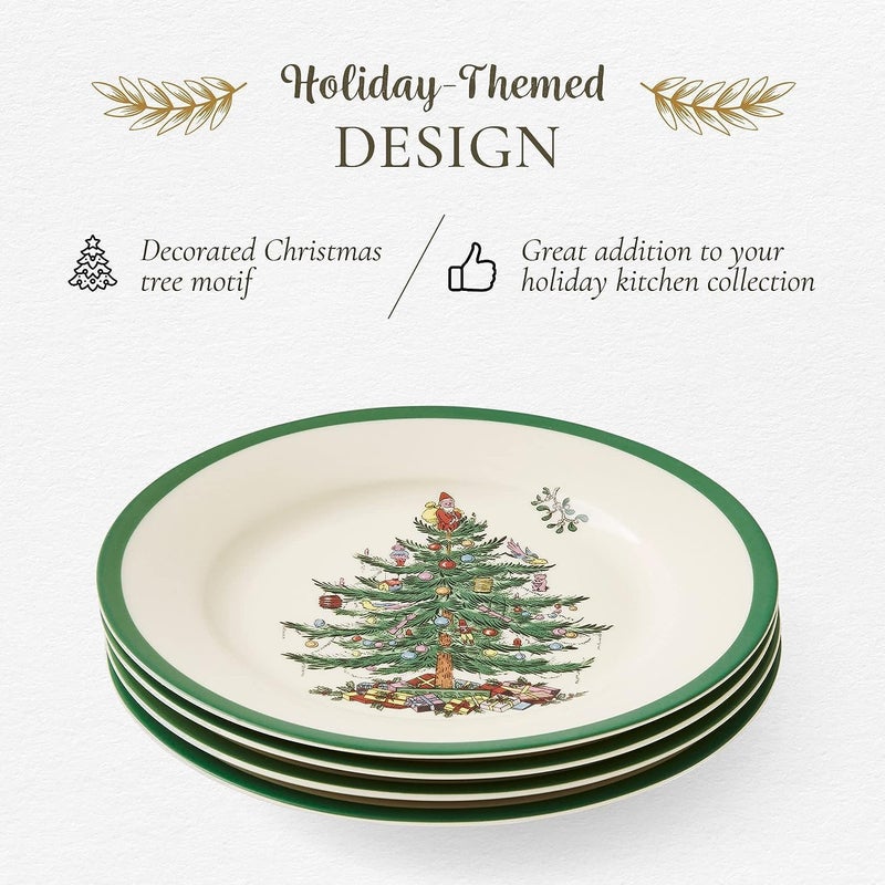 Spode Christmas Tree 8 Salad Plate  Festive Holiday Stoneware Plate with Christmas Tree Design Green Bordered Edges Microwave Dishwasher Freezer Oven Safe  Collectible Holiday Tableware - Image 3