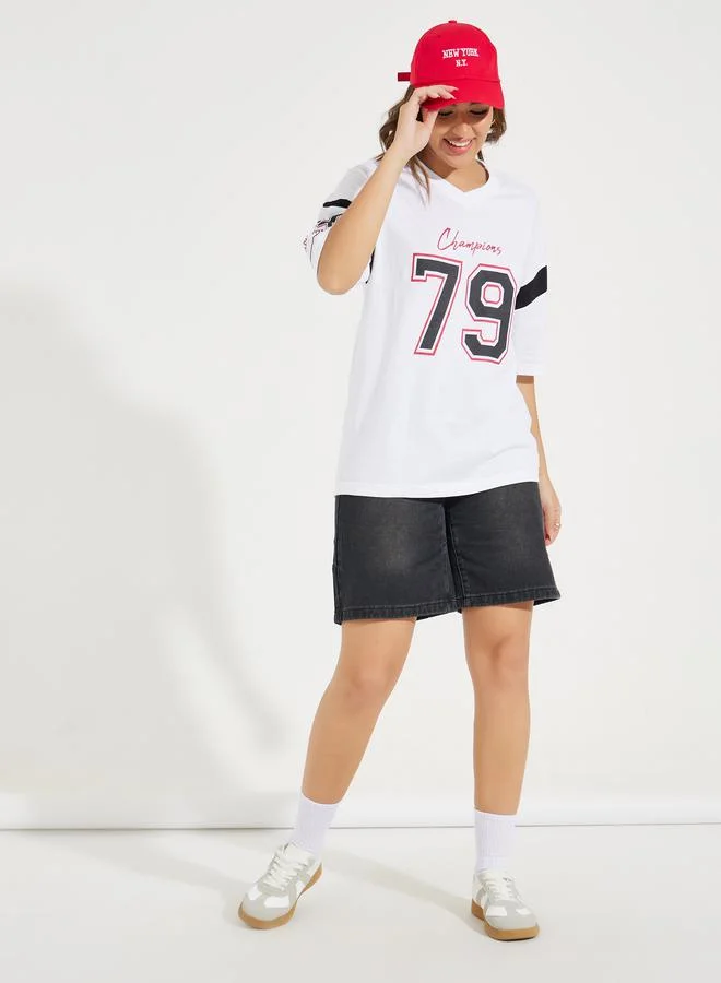 Styli Oversized Slogan Print V Neck T-Shirt with Exaggerated Sleeve