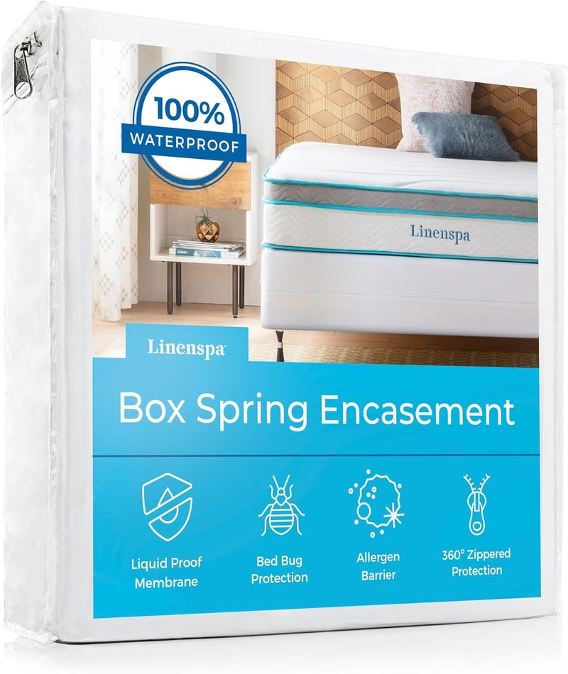 Linenspa Waterproof Box Spring Encasement - 100% Waterproof Protector for Box Springs - Twin XL, White - Image 1