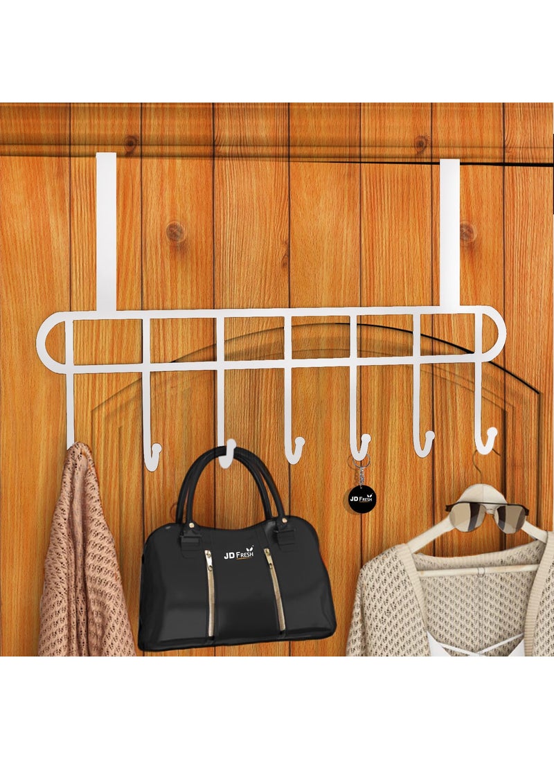JD FRESH JD FRESH 1 Piece Premium Stainless Steel Door Hangers for ClothesCloth HolderDrill Free Hooks for Hanging TowelShirtsCoatsSweatersOver the Door Hanger for BathroomBedroomKitchenWhite7 Hooks  - Image 1