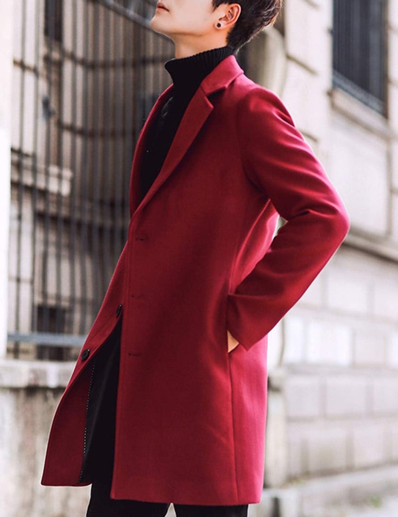 Springrain Men's Wool Blend Pea Coat Notched Collar Single Breasted Overcoat Warm Winter Trench Coat(Red-M) - Image 2