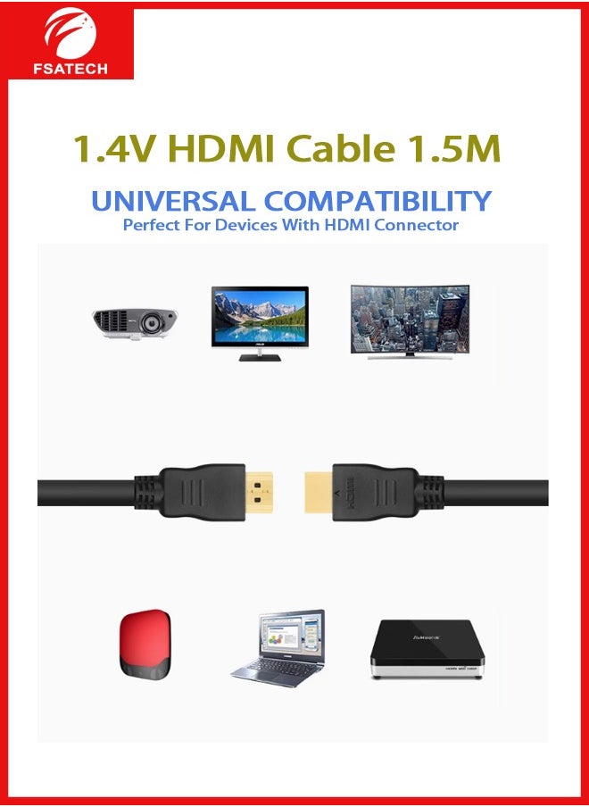 FSATECH - كابل HDMI عالي السرعة 1.5 متر - كابل HDMI فائق الدقة 2 كيلو - HDMI إلى HDMI M/M - كابل HDMI 1.4 فولت - كابل HDMI مطلي بالذهب/الفيديو، كابل HDMI من الفولاذ الأسود المطلي بالنحاس، 14+1، غطاء أسود PVC، 1080P /60 هرتز، 1.5 متر، أجهزة الألعاب، التلفاز، الكمبيوتر الشخصي، إكس بوكس، جهاز العرض - Image 1