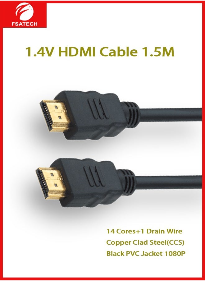 FSATECH - كابل HDMI عالي السرعة 1.5 متر - كابل HDMI فائق الدقة 2 كيلو - HDMI إلى HDMI M/M - كابل HDMI 1.4 فولت - كابل HDMI مطلي بالذهب/الفيديو، كابل HDMI من الفولاذ الأسود المطلي بالنحاس، 14+1، غطاء أسود PVC، 1080P /60 هرتز، 1.5 متر، أجهزة الألعاب، التلفاز، الكمبيوتر الشخصي، إكس بوكس، جهاز العرض - Image 1