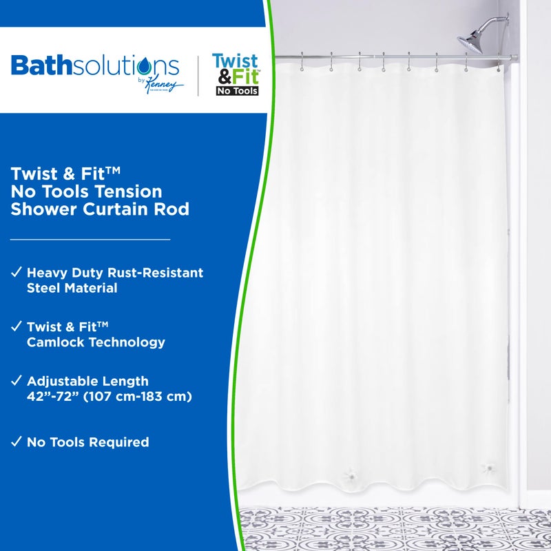 Kenney KN609C/40 Twist & Fit No Tools Camlock Tension Easy Install Shower Curtain Rod with Non-Slip, On-Scratch Ends, 42-72" Adjustable Length, Chrome, 1" Diameter Rust Resistant Steel Tube - Image 2