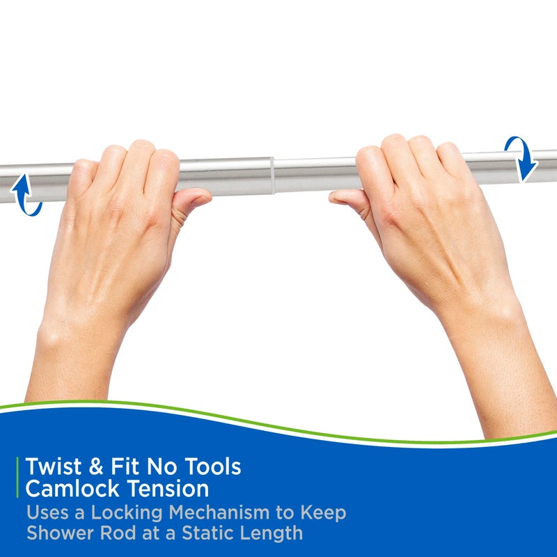 Kenney KN609C/40 Twist & Fit No Tools Camlock Tension Easy Install Shower Curtain Rod with Non-Slip, On-Scratch Ends, 42-72" Adjustable Length, Chrome, 1" Diameter Rust Resistant Steel Tube - Image 5