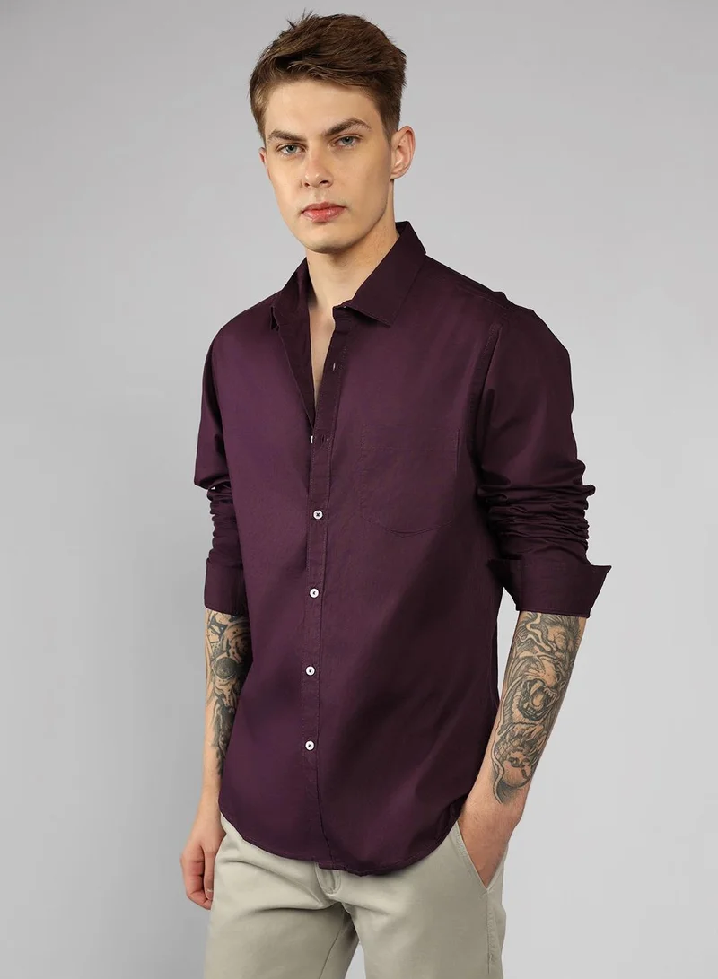 Dennis Lingo Slim Fit Purple Men's Casual Shirt, Spread Collar, Full Sleeves, 100% Cotton,