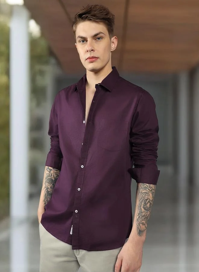 Dennis Lingo Slim Fit Purple Men's Casual Shirt, Spread Collar, Full Sleeves, 100% Cotton,