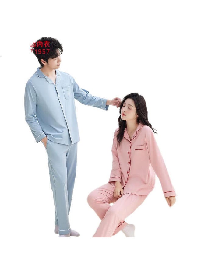 Hongdou Men's Cotton Long Sleeve Pajama Set Full Cotton Home Wear Solid Color Lapel Cardigan Couple Pajamas Quiet Blue 175 - Image 3