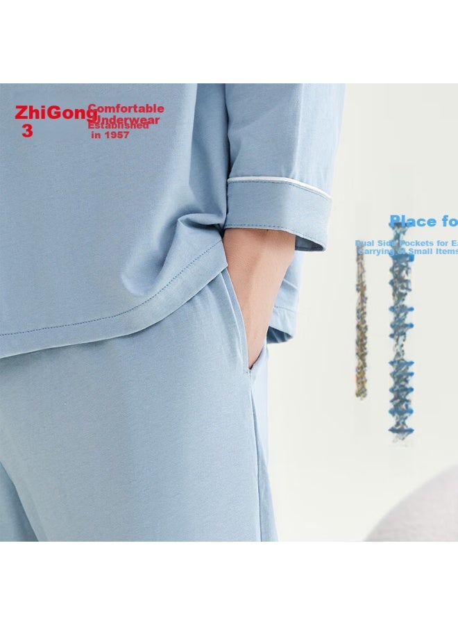 Hongdou Men's Cotton Long Sleeve Pajama Set Full Cotton Home Wear Solid Color Lapel Cardigan Couple Pajamas Quiet Blue 175 - Image 2