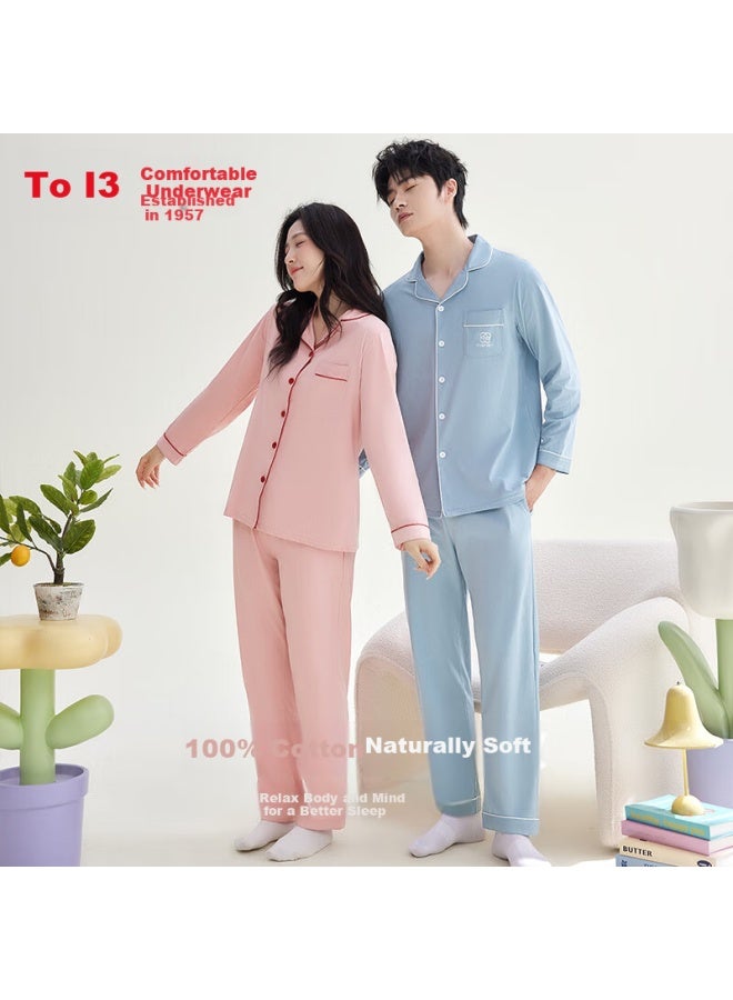 Hongdou Men's Cotton Long Sleeve Pajama Set Full Cotton Home Wear Solid Color Lapel Cardigan Couple Pajamas Quiet Blue 175 - Image 1