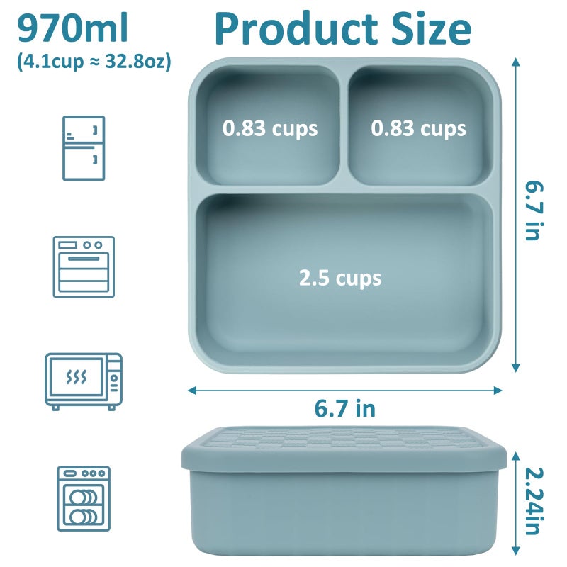 Annaklin Silicone Bento Box Adult Lunch Container, 3 Compartment Container, Food Grade Silicone Bento Lunch Box for Work Travel Meal Prep, Leak-proof Food Storage Containerï¼ˆ1 Pack Nile Blueï¼‰ - Image 3
