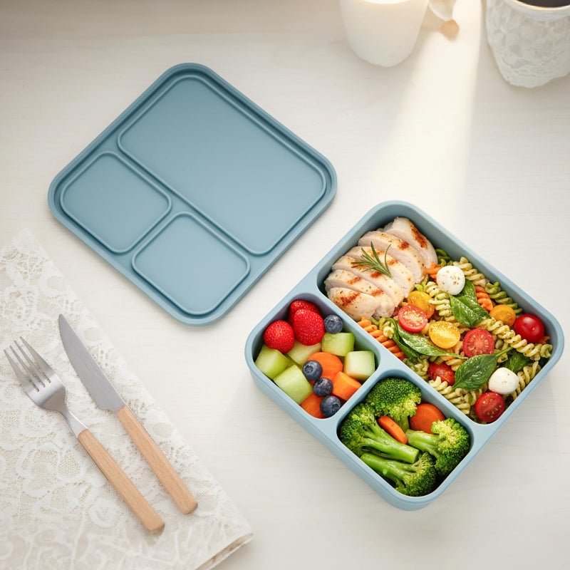 Annaklin Silicone Bento Box Adult Lunch Container, 3 Compartment Container, Food Grade Silicone Bento Lunch Box for Work Travel Meal Prep, Leak-proof Food Storage Containerï¼ˆ1 Pack Nile Blueï¼‰ - Image 2