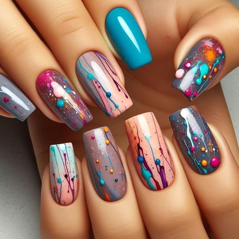 Parlberd Medium Square Press on Nails with Colorful Dot Designs, Glossy Summer Fake Nails Kit, Full Cover Reusable Acrylic Nails with Glue & Tools for Women, Perfect for Parties, Weddings, Beach - Image 1
