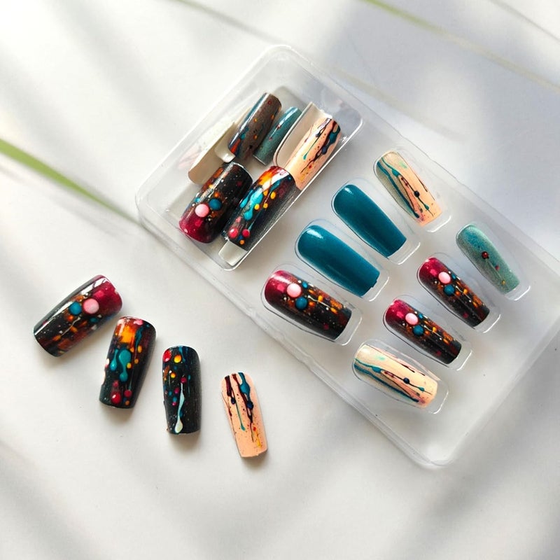 Parlberd Medium Square Press on Nails with Colorful Dot Designs, Glossy Summer Fake Nails Kit, Full Cover Reusable Acrylic Nails with Glue & Tools for Women, Perfect for Parties, Weddings, Beach - Image 4