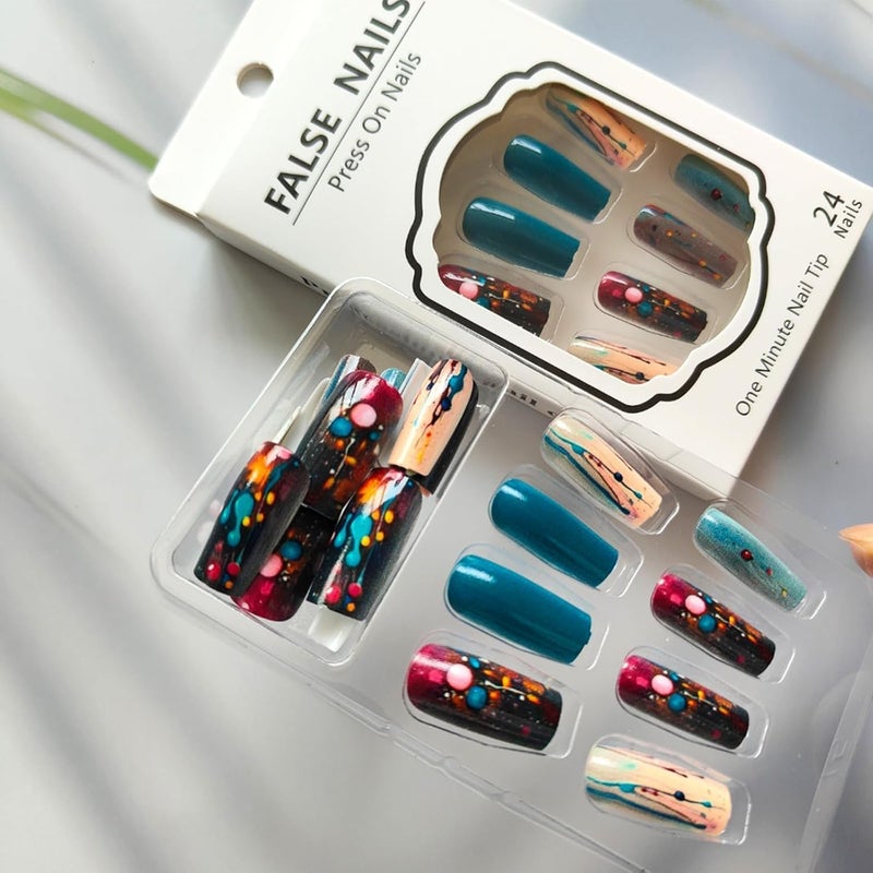 Parlberd Medium Square Press on Nails with Colorful Dot Designs, Glossy Summer Fake Nails Kit, Full Cover Reusable Acrylic Nails with Glue & Tools for Women, Perfect for Parties, Weddings, Beach - Image 2