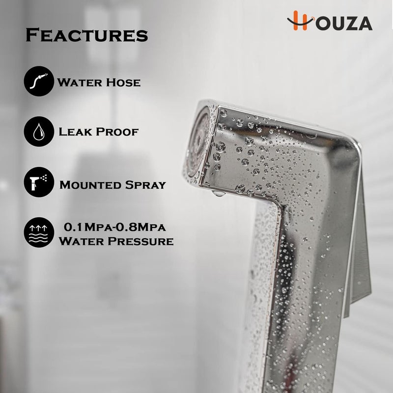 HOUZA Square Health Faucet for Toilet Jet Spray Health Faucet with 1 Meter Hose Pipe and Wall Hook Chrome Finish Easy Grip and Leak Proof Design - Image 3
